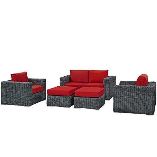Modern Contemporary Outdoor Patio Lounge Sectional Sofa Set, Rattan Wicker, Grey Red
