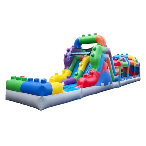 HeroKiddo 42ft Block Party Inflatable Obstacle Course Dual Lane Water Slide