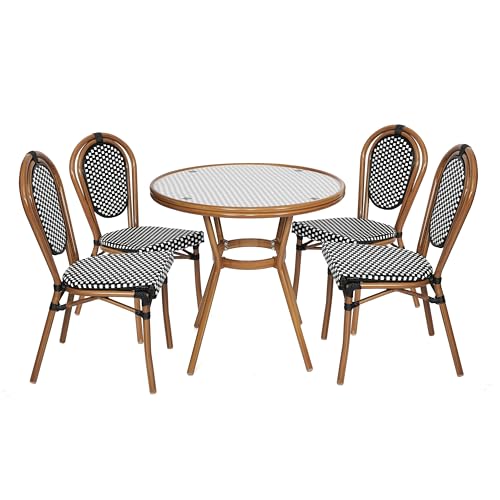 Flash Furniture Lourdes Indoor/Outdoor Bistro Set - Tempered Glass Table & 4 Chairs - Black & White Rattan/Natural Frame