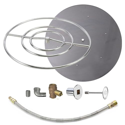 Spotix HPC Round Match Lit Fire Pit Burner Kit with 30-Inch Stainless Steel Burner and 36-Inch Flat Pan, Natural Gas, Polished Chrome, with Flange, Key, Valve, Flex Line and Fittings