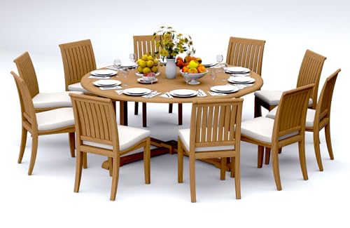 TeakFurnitureOutlet A-Grade Teak 11pc Dining 72" Round Table 10 Lagos Armless Chairs Set Outdoor