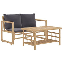 XHNIFBN 2 Piece Bamboo Patio Lounge Set with Dark Gray Cushions, Rustic Outdoor Furniture Set Includes 45.3 Inch Garden Bench and Coffee Table for Backyard, Porch, and Balcony Seating