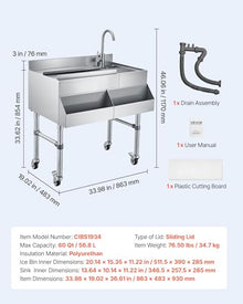 VEVOR Commercial Ice Bin with Sink & Faucet, 60 Qt Max Capacity, 24 x 19 x 35 Inch Stainless Steel Ice Chest with Sliding Lid and Bottle Holders, Cooler Cart Cocktail Unit for Bar Restaurant Pub