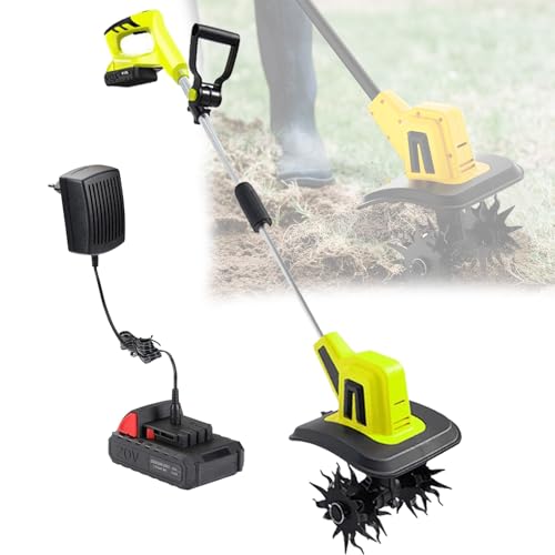 Electric Garden Tiller Cultivator, Cordless Garden Rotavator with 4 Steel Blades, 25cm Working Width, 22cm Tilling Depth, for Garden, Vegetable