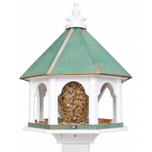 Large Octagon Wild Bird Feeder Solid Cellular PVC Verdigris Copper Roof Made in The USA (SF18V) (White, 4"x4" Mount)