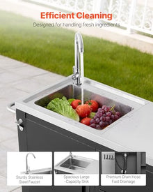 VEVOR Outdoor Grill Cart with Sink and Storage Cabinet, 52 Inch Grill Table, Waterproof Kitchen Island with Stainless Steel Top, Spice Rack, Wheel, Movable Food Prep Station for Patio Bar Backyard BBQ