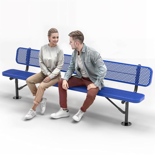 OUTTANS Heavy-Duty Outdoor Metal Bench (8 Ft - Surface with Back, Blue)