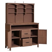 GDFStudio Junley Outdoor Storage Bench Table with Cabinet, Patio Wooden Potting Bench Plant Bench, Large Garden Storage Work Bench with Drawers, Cabinets, Hooks and Countertop, Kitchen Island, Brown
