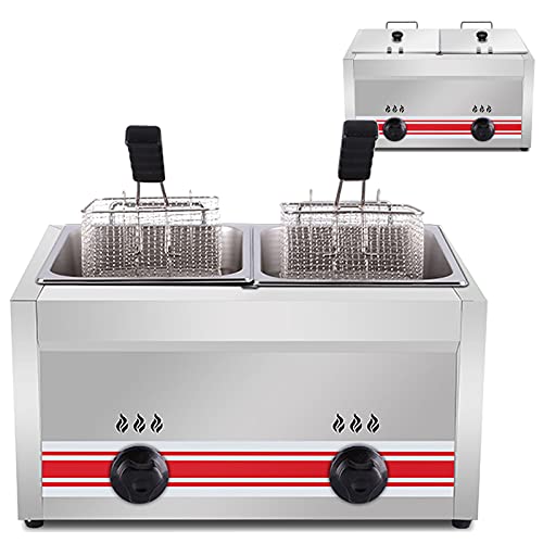 20L Commercial Double Cylinder Gas Fryer 20L Freestanding Temperature Control Stainless Steel Lpg Fryer With 2 Baskets And Lids Easy To Clean