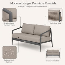 Golden Flame Outdoor Loveseat, 2-Seat Patio Sofa with Powder-Coated Aluminum Frame, Olefin Rope Back, Sunbrella Cushions - Slate Finish Frame, Canvas Natural Fabric