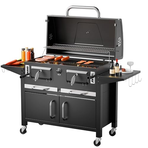 Muhub Charcoal BBQ Grill, with 2 Adjustable Coal Trays,5-level temperature control &Foldable Side Tables,794 sq in Cooking Area& Cool- touch metal Handles, Lockable Wheels,Black