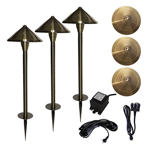Ignite 12V LED Brass Pathway Landscape Lighting Kit – (3) 3 Watt Fixtures, Transformer, Cords