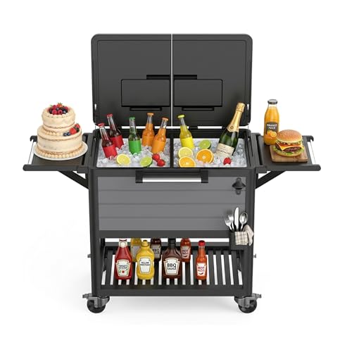 Yardgrace 104 Quart Rolling Ice Chest, Portable Patio Party Cooler with Divider,Spacious 104-Qt Capacity, Chills 36hrs, Serving Tray, Rolling Ice Chest for Indoor and Outdoor Entertainment，Grey