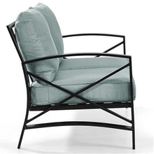 Afuera Living Metal/Fabric Patio Loveseat, Mist Green Cushions and Black Finish, 54" W x 30.5" D x 32" H, Weatherproof Steel Frame, UV/Fade-Proof Cushions, Outdoor Balcony or Porch Seating, Seats 2