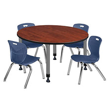 Romig Adjustable Classroom Table 48" Cherry with 4 Stack Chairs Navy Blue