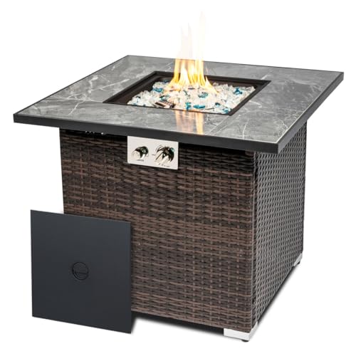 30'' Propane Fire Pit Table, Marble Textured Ceramic Tabletop, 50,000 BTU Fire Table with Brown Wicker, Mix Color Glass Rocks, Including Lid&Cover, Square
