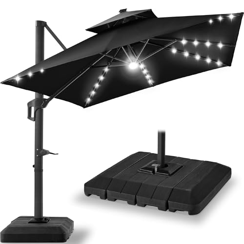 Best Choice Products 9x12ft LED Cantilever Patio Umbrella w/Base Included & 360° Rotation, Large Solar Offset Hanging Outdoor Sun Shade for Deck, Backyard Table w/Stand & Lights – Black