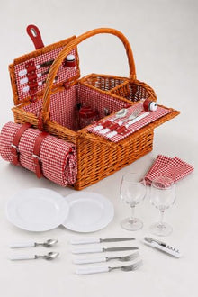 Handmade Wicker Picnic Basket Set for 2 People with Gingham Pattern, Wood, Insulated Compartment, Includes Cutlery, Plates, Glasses, and Water-Resistant Blanket - Brown