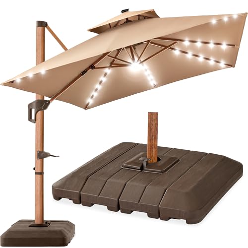 Best Choice Products 10ft Square Cantilever Patio Umbrella w/Base Included, Woodgrain Pattern Pole & Solar LED Lights, 360-Rotation, Offset Hanging Outdoor Shade - Tan