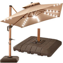 Best Choice Products 10ft Square Cantilever Patio Umbrella w/Base Included, Woodgrain Pattern Pole & Solar LED Lights, 360-Rotation, Offset Hanging Outdoor Shade - Tan