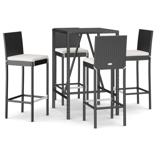 KGFHERENB 5-Piece Outdoor Bar Set, Black PE Rattan Patio Furniture Set with 1 Rectangular Tempered Glass Table and 4 Cushioned Stools for Backyard, Garden, and Balcony