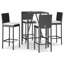 KGFHERENB 5-Piece Outdoor Bar Set, Black PE Rattan Patio Furniture Set with 1 Rectangular Tempered Glass Table and 4 Cushioned Stools for Backyard, Garden, and Balcony