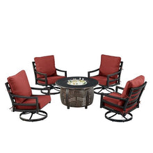 Oakland Living Black Aluminum Patio Fire Table Set with Four Club Chairs and Red Cushions