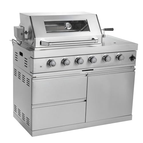 46-Inch Outdoor Gas Grill with Double Zones, LED Control Knobs with Red/White Light, Multi-Functional Burners, Rotisserie Kit, Pull-Out Grease Tray, Storage Drawers, Side Burner, Thermometer (Silver)