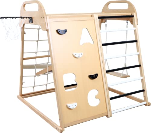 Hopscotch Squad Indoor Kids Jungle Climbing Gym 9-in-1 Wooden Play Set