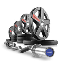 XMark Olympic Bar Curl Bar with Weights Offer and Texas Star Olympic Weight Plates 115 lb Set Blue
