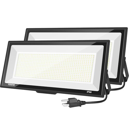 Sunkkes 1000W Flood Lights Outdoor,95000lm Bright LED Work Light with Plug,6500K Daylight White LED Flood Lighting,IP66 Waterproof Security Yard Lights for Court, Parking Lots, Stadium, Field, 2 Pack