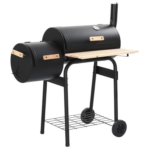 Coespram Classic Charcoal BBQ Offset Smoker Grill, Heavy Duty Steel Outdoor Barbecue Cooker with Wood Shelves, Thermometer, 3 Chrome Grids and Wheels for Patio Cooking