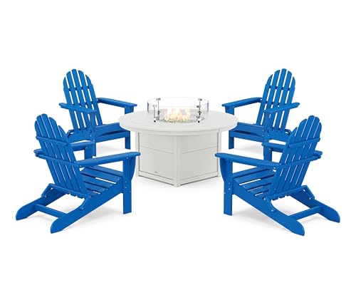 Polywood® Classic Folding Adirondack 6-Piece Conversation Set with Fire Pit Table (Pacific Blue)