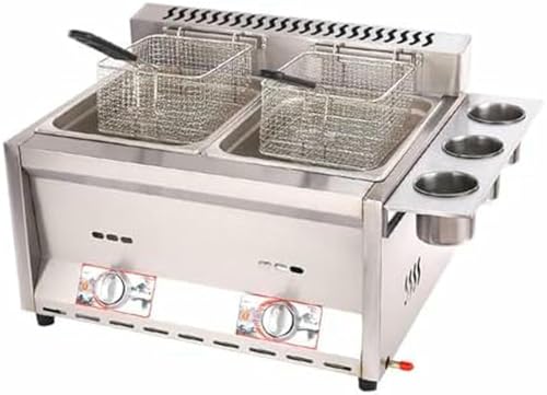Commercial Countertop LPG Gas Double Tank Deep Fat Fryer Stainless Steel Chip Fryer with Basket and Lid for French Fries Home Kitchen Restaurant