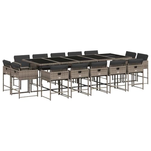 XHNIFBN 15 Piece Patio Dining Set, Gray Poly Rattan Garden Furniture Set with Large Tempered Glass Table and 14 Cushioned Chairs, Space-Saving Cube Design for Backyard and Deck