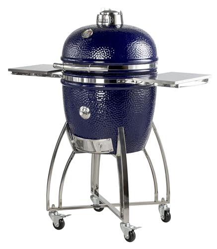 Saffire Platinum Kamado – Large Ceramic Grill and Smoker, 19" Charcoal Grill, 304 Stainless Steel Cart, Smokin’Chip Feeder, Secondary Cooking Grid, Heat Deflector – Sapphire Blue