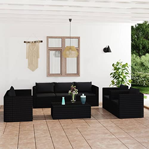 Xolmizyn 9 Piece Patio Lounge Set, Modular Outdoor Furniture with Tempered Glass Coffee Tables, Cushioned Garden Seating for Backyard, Deck, and Poolside, Black