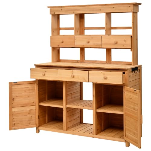 65.7'' H Tall Garden Potting Bench with Hutch, Patio Storage Workstation Featuring 3 Shelves, 6 Drawers & 2 Bottom Cabinets, Side Hooks for Mudroom or Entryway (Natural)