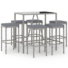 WXGTBKPR 7 Piece Patio Bar Set with Cushions, Outdoor PE Rattan Bar Table and 6 Stools, Weather-Resistant Garden Pub Set with Tempered Glass Top, Grey
