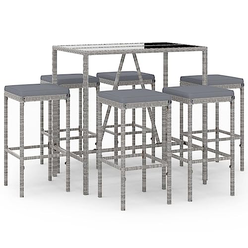 Fisinber 6-Piece Grey Garden Bar Set with Tempered Glass Tabletop Powder-Coated Steel Frame Outdoor Patio Furniture Set for Balcony Backyard Dining