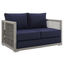 Modway Aura Wicker Rattan Outdoor Patio 52" Loveseat with Cushions in Gray Navy