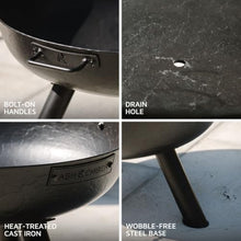 Ash & Ember 36" Ellipse Fire Pit, Heavy-Duty Cast Iron with High-Temp Black Paint, Elevated Stable Design, Integrated Drainage Hole, Outdoor Round Fire Bowl for Woodburning
