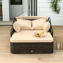 Moccha Outdoor Daybed with Retractable Canopy - PE Rattan Double Chaise Lounge w/ Soft Cushions, Pillows, Ottoman, Outside Sunbed, Wicker Loveseat Sofa, Sectional Conversation Set, Patio Furniture Set