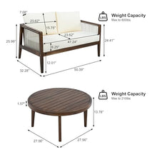 Merax Outdoor Loveseat and Coffee Table Set, Acacia Wood Frame with Rope Detail, Water-Repellent Beige Cushions for Patio Backyard Deck, Dark Brown