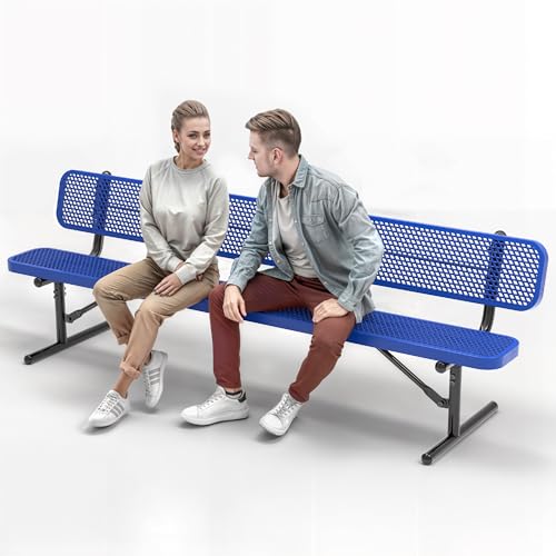 OUTTANS Heavy-Duty Outdoor Metal Bench (8 Ft - Portable with Back, Blue)