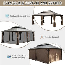 Ginkartu Hardtop Gazebo, Outdoor Gazebo with Galvanized Steel Double Roof, Aluminum Frame, Built-in Gutter System, Curtain and Netting, Metal Gazebo Pavilion for Patio Deck Garden, Brown