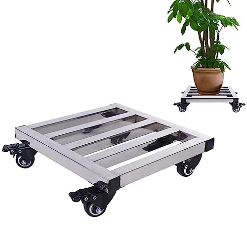 QUANGJN Stainless Steel Plant Trolley with Wheels for Large Square Metal Plant Pot Heavy Duty Iron Plant Caddy for Garden Flower Pot Stand,Silver-40cm