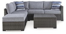 Signature Design by Ashley Petal Road Casual Weather Resistant Outdoor Loveseat Sectional Set with Ottoman, Table & 2 Throw Pillows Grey