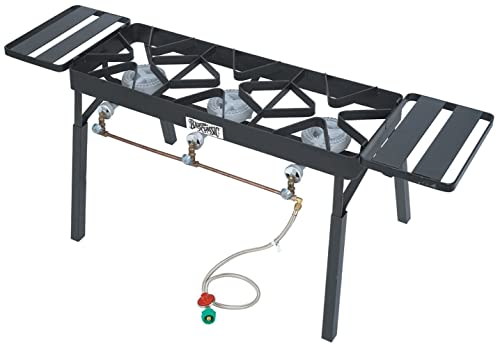 Bayou Classic TB650 Triple Burner Outdoor Patio Stove Features 13-in Tall Welded Steel Frame Three 6-in High Pressure Burners Brass Manifold w/Three Brass Control Valves
