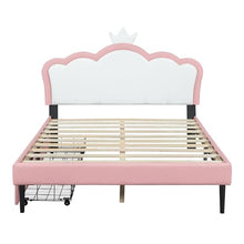 Brisca PU Upholstered Princess Bed with Crown Headboard and Storage, White+Pink